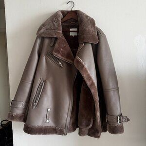 Avec Les Filles Faux Shearling Biker Jacket - Taupe - XL